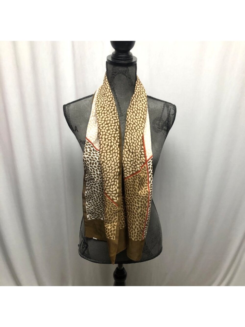Vintage Brown Cream Scarf Abstract Leaf Print 11.25 x 52in